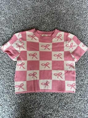 debut Pink and Cream Checkerboard Bow Knit Top